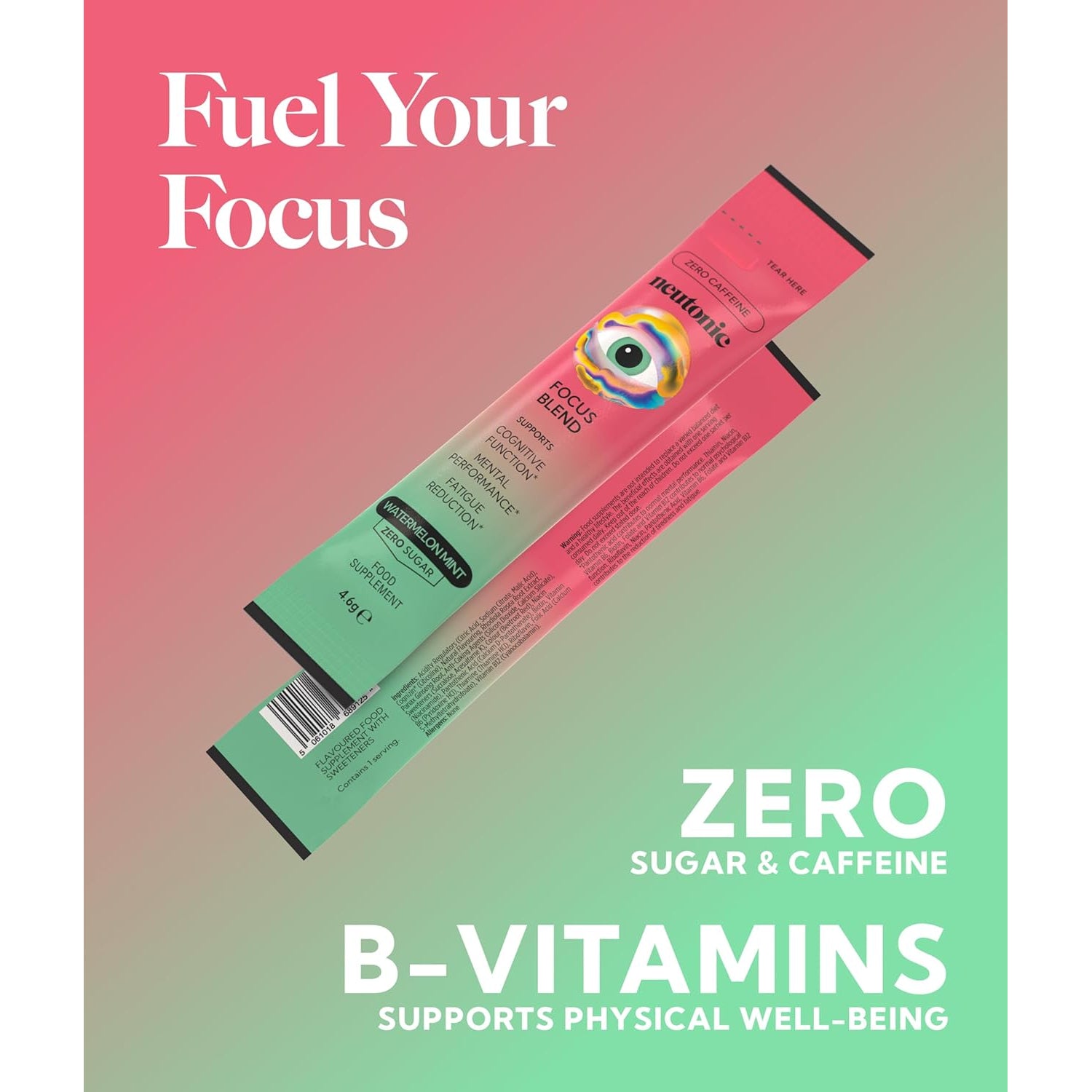 Neutonic Nootropic Focus Blend Powder | Watermelon Mint 16 Sticks | Caffeine Free, Zero Sugar | Support Memory, Mental Clarity, Cognitive Function | Boost Focus, Energy, Brain Health