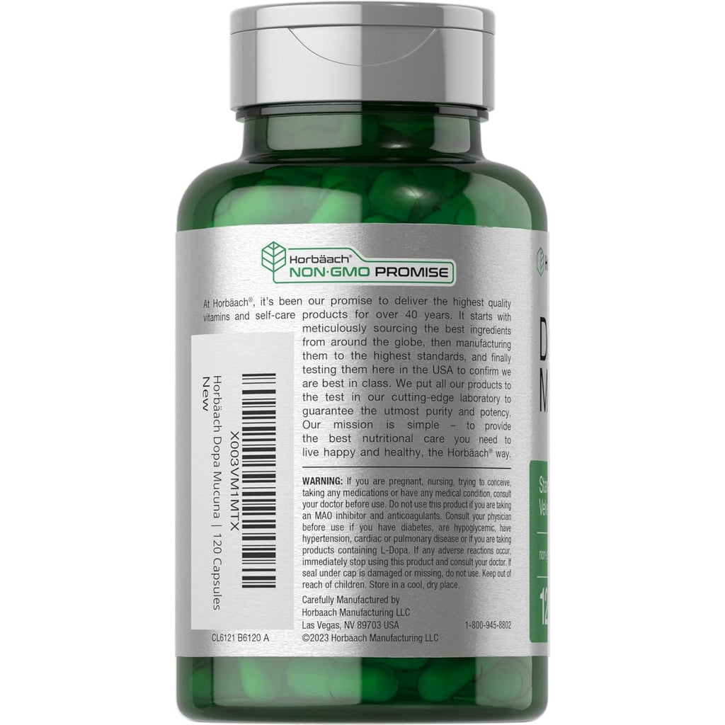 Horbäach Dopa Mucuna Supplement | 120 Capsules | Velvet Bean Herbal Extract | 15% L-Dopa | Non-Gmo & Gluten Free