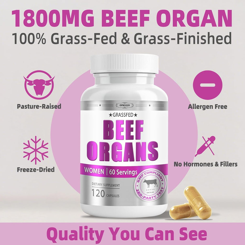 Beef Organ Supplement for Women - Grass Fed Beef Liver Organs with Heart, Uterus, Ovaries, Kidney, Bone Marrow, Supports Female Energy and Health, Pasture Raised, No Fillers, 60 Servings, 120 Capsules