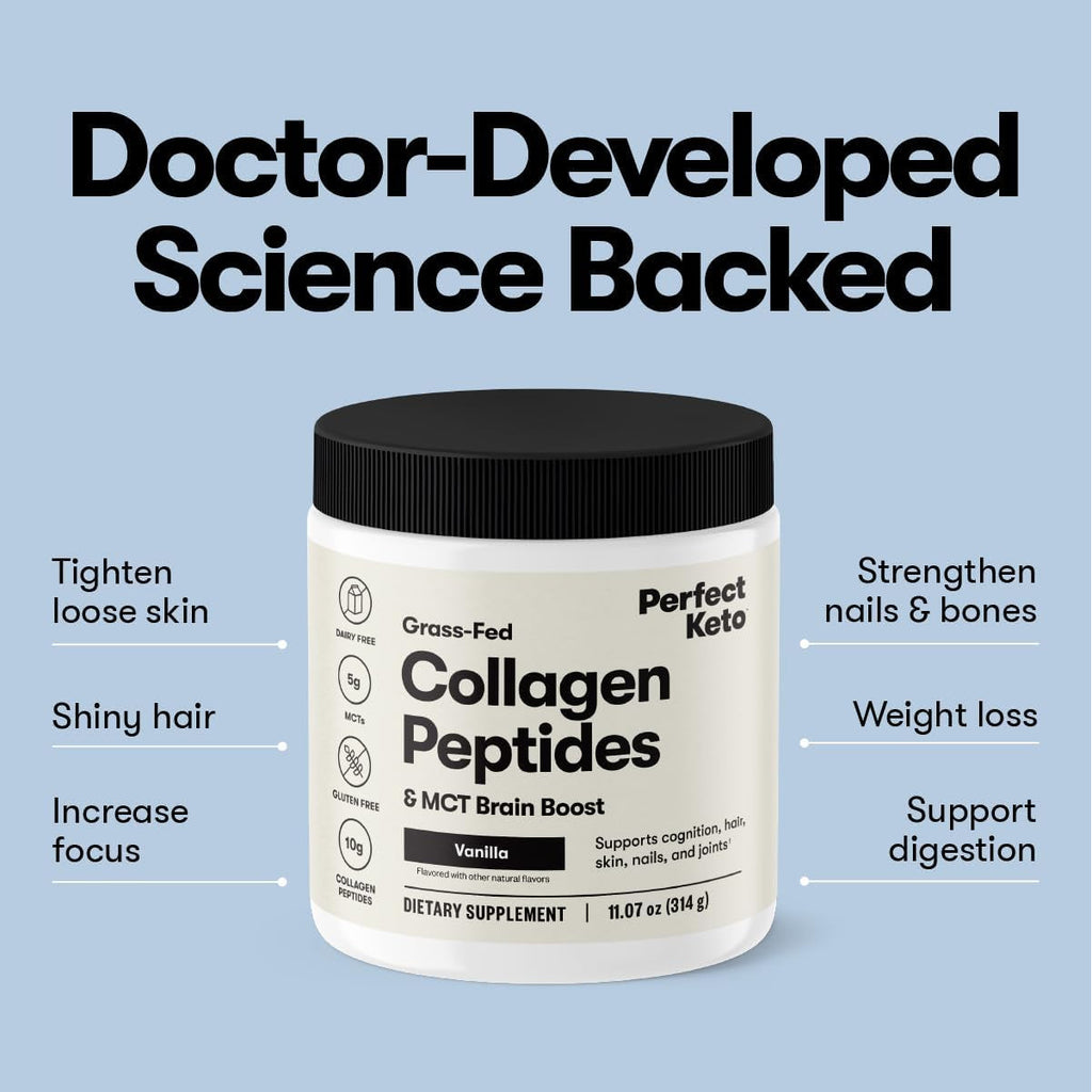 Perfect Keto Collagen Peptides, Chocolate, 10G Protein Powder, Low Carb, No Sugar Added, Keto Friendly Coffee Creamer & Drink Mix, Grass Fed Bovine Type 1 & 3 Supplement with MCT Oil, 20 Servings