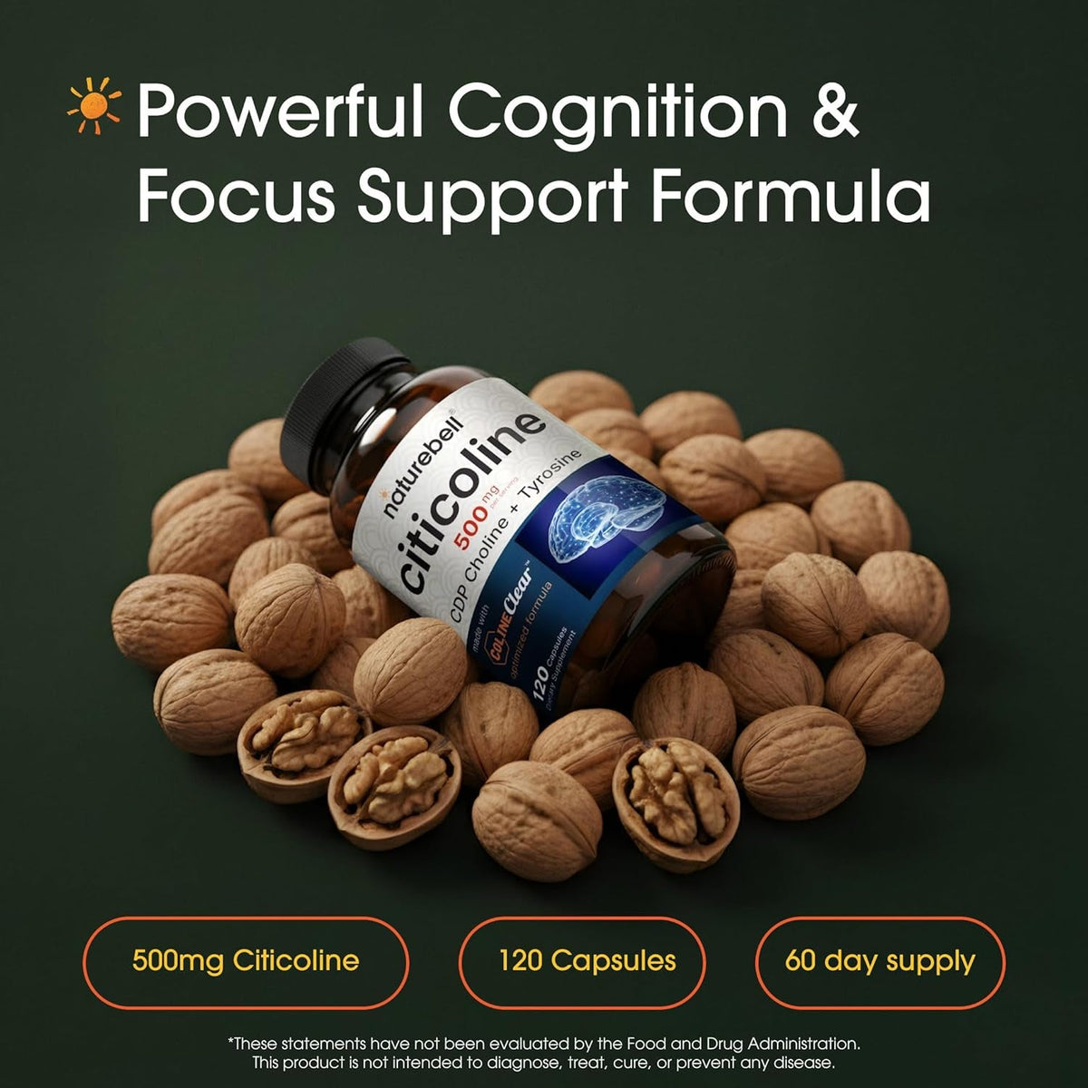 Naturebell Citicoline 500Mg - 120 Capsules - Brain Function Support for Adults - Memory & Focus Aid with CDP Choline & Tyrosine - Fast-Absorbing Formula* - Non-Gmo & Gluten-Free