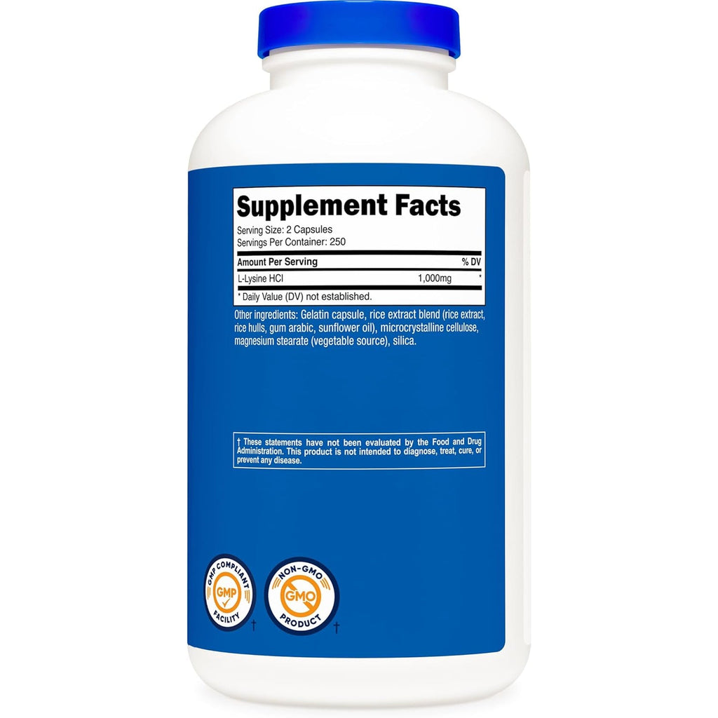 Nutricost L-Lysine 1000Mg per Serving, 250 Servings, 500 Capsules - Gluten Free, Non-Gmo, 500Mg per Capsule