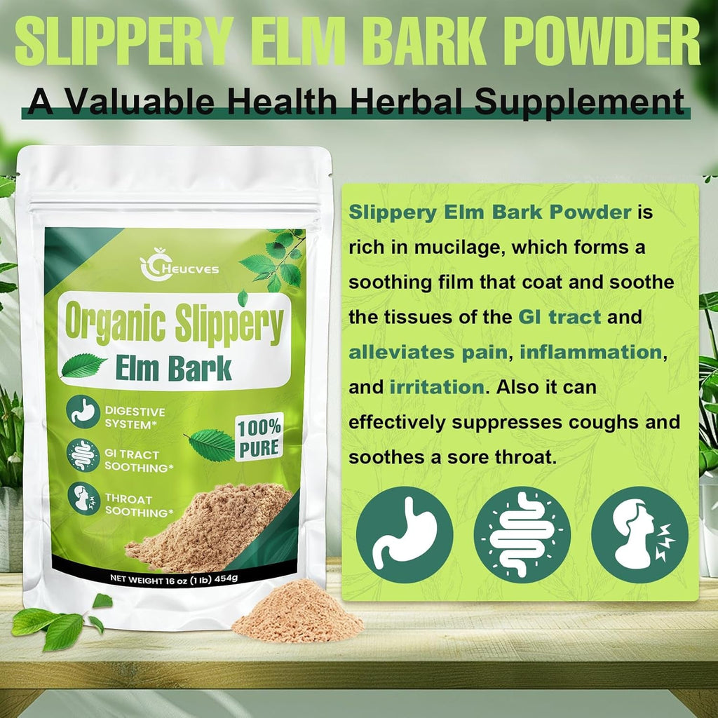 Slippery Elm, Slippery Elm Powder Organic, Elm Bark Made from Inner Bark - 1 Pound (349 Servings), Natural Herbs Helps Soothe the Throat and Coughing & Digestive, Diarrhea - 100% Pure & Vegan