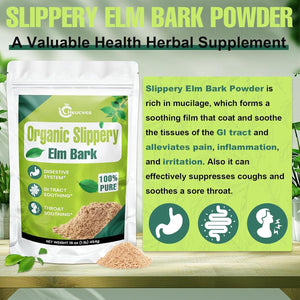 Slippery Elm, Slippery Elm Powder Organic, Elm Bark Made from Inner Bark - 1 Pound (349 Servings), Natural Herbs Helps Soothe the Throat and Coughing & Digestive, Diarrhea - 100% Pure & Vegan