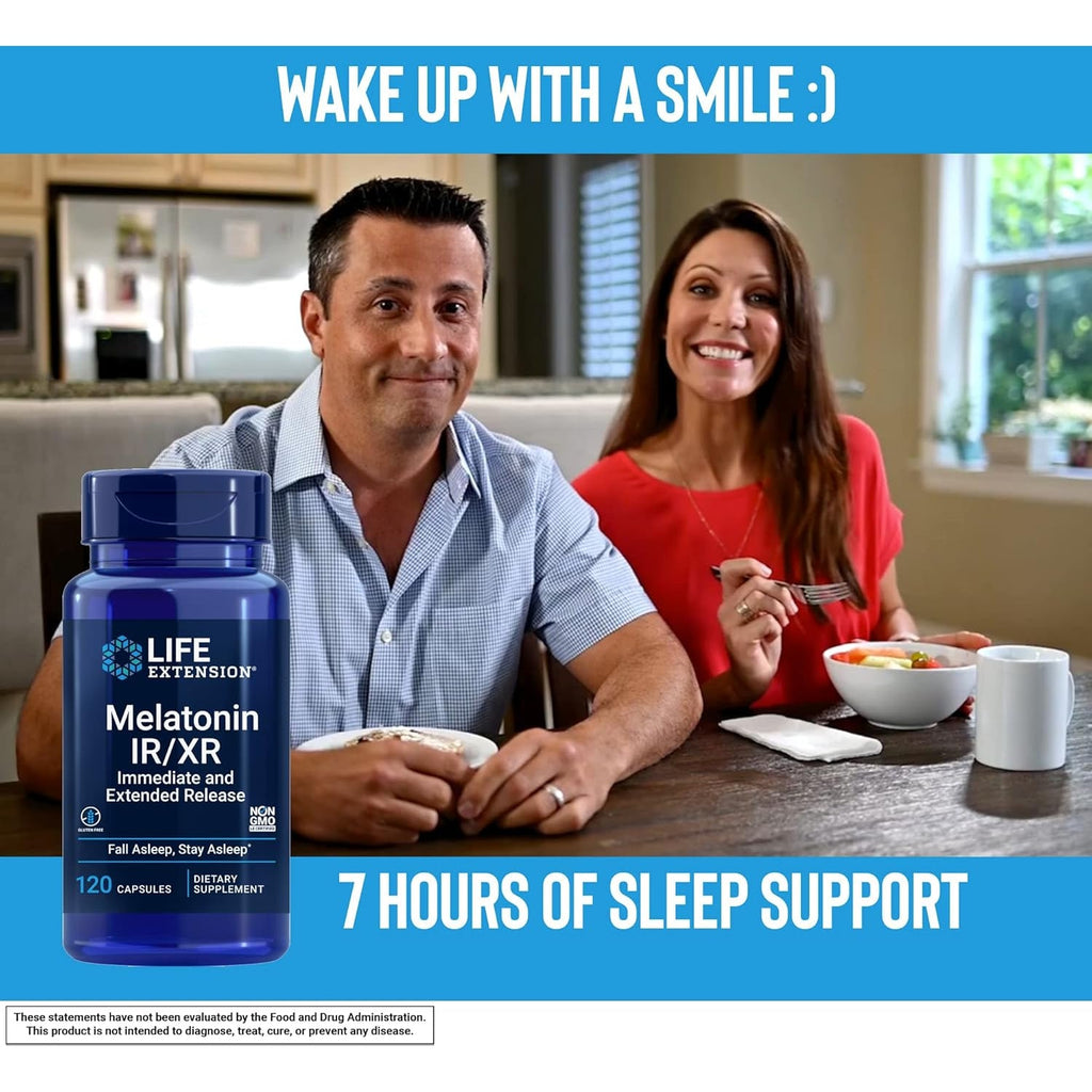 Life Extension Melatonin IR/XR 120 Capsules - Immediate & 7 Hour Extended-Release - Night Time Supplement - Supports Staying Asleep - Non-Gmo, Gluten-Free