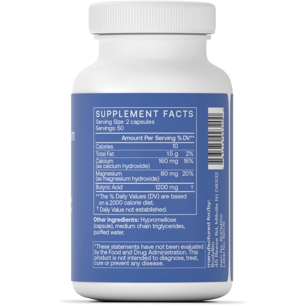 Bodybio Butyrate - Postbiotic for Gut Health, Digestive Support, Bloat, Gas & Constipation Relief, Leaky Gut Repair - Calcium, Magnesium + Butyric Acid Supplement for GI Wellness - 100 Capsules