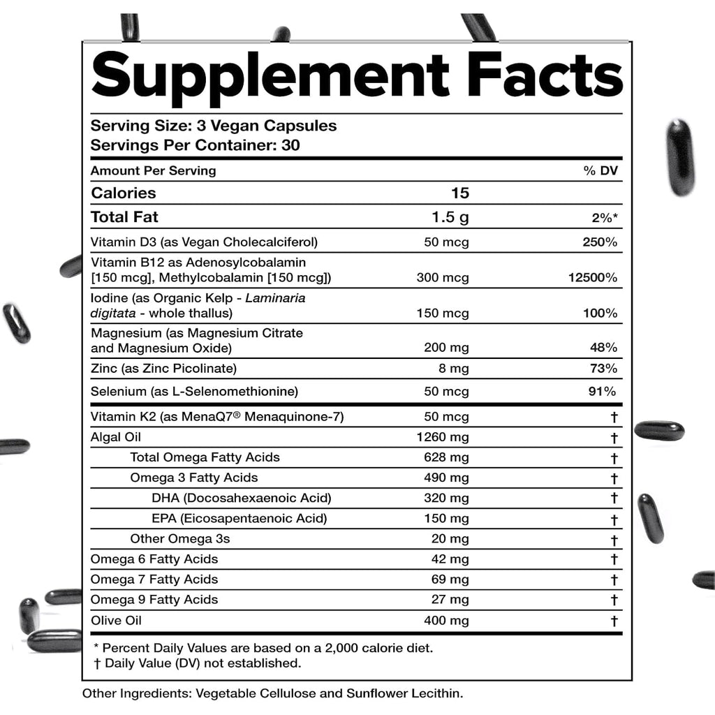 Complement Essential Vegan Multivitamin for Women & Men - Immune Support Supplement with Omega-3 DHA & EPA, B12, Vitamin D3 & K2, Zinc, Selenium, Magnesium, Iodine (30 Servings, 90 Capsules)
