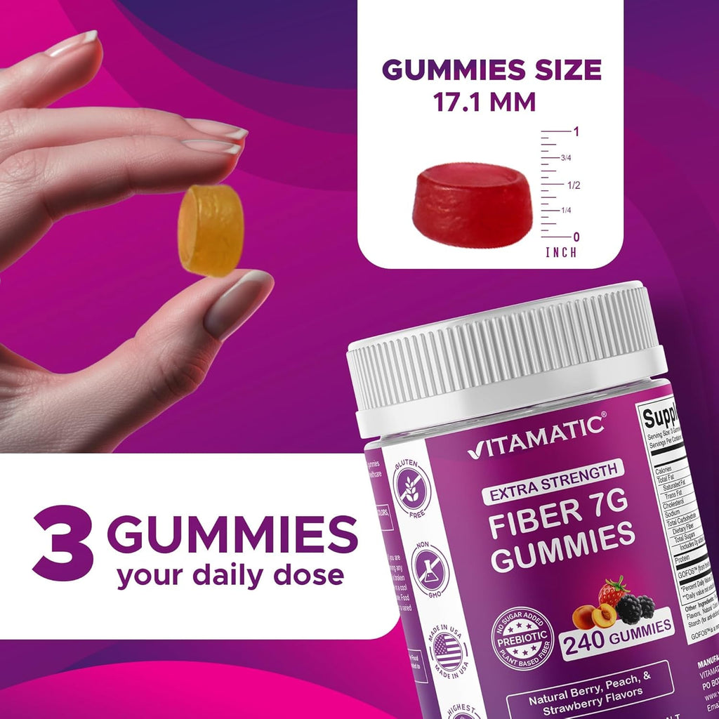 Vitamatic Prebiotic Fiber Gummies for Adults, 7G Extra Strength, Zero Sugar Added, 240 Pectin Based Gummies, Digestive Health & Regularity Support