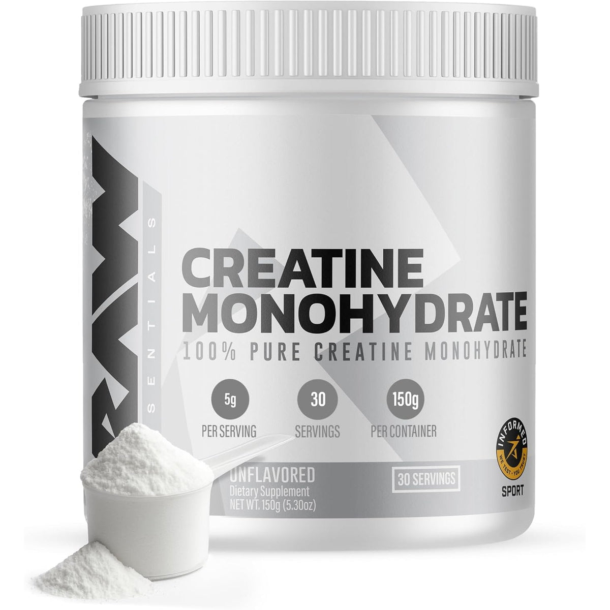 RAW Nutrition Creatine Monohydrate Powder, Unflavored (30 Servings) - Micronized Creatine Monohydrate Supplement for Workout Performance, Build Muscle & Strength - Creatine Powder for Men & Women