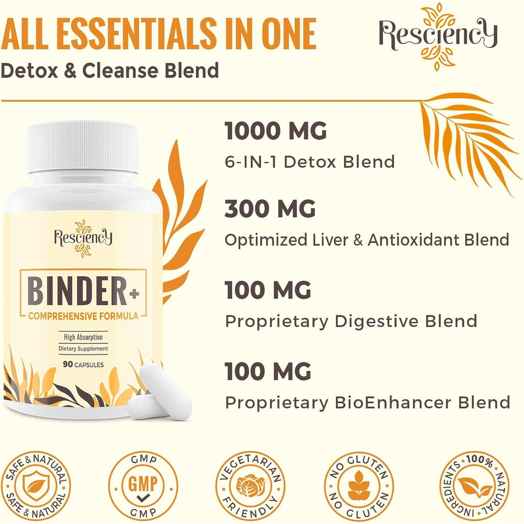 Resciency Detox Binder Supplement – Activated Charcoal, Zeolite, Bentonite Clay, Milk Thistle, Proprietary Blends - Liver & Gut, Max Absorption, 90 Vegan Capsules