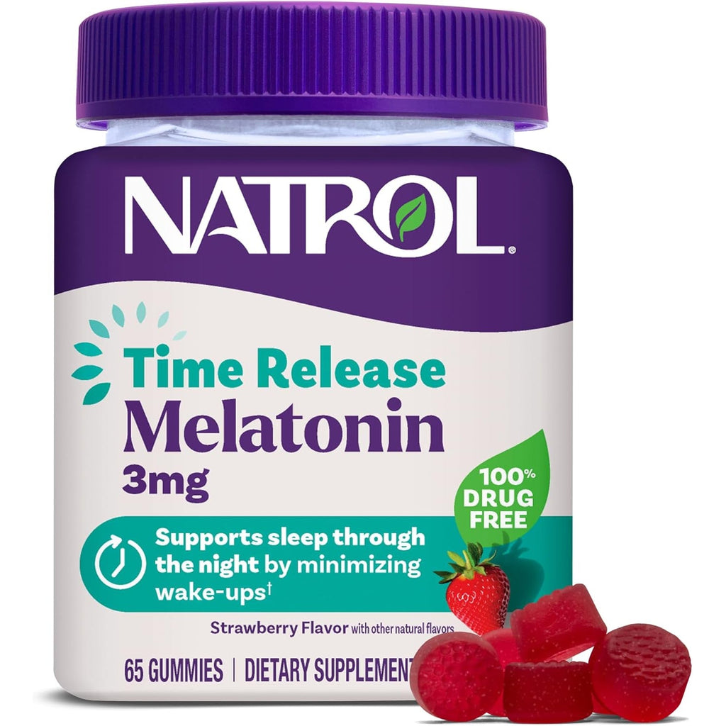 Natrol Time Release Melatonin Gummies, Sleep Support for Adults, 3 Mg Melatonin Supplements for Sleep Support, 65 Strawberry-Flavored Gummies, up to a 65 Day Supply