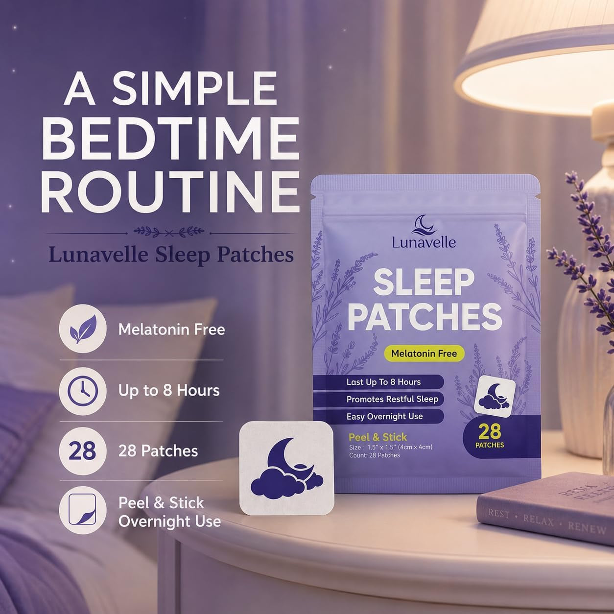 Lunavelle Melatonin-Free Sleep Patches for Adults - Natural Sleep Aid with Magnesium, L-Theanine, GABA & Valerian Root - 28 Patches