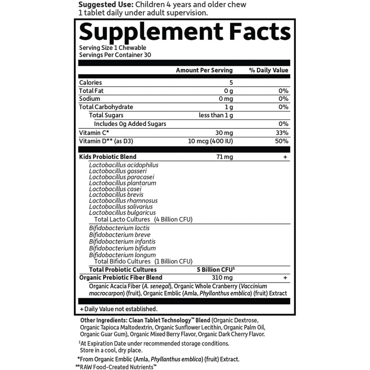 Garden of Life Dr. Formulated Probiotics Organic Kids+ plus Vitamin C & D - Berry Cherry - Gluten, Dairy & Soy Free Immune & Digestive Health Supplement, No Added Sugar, 30 Chewables (Shelf Stable)
