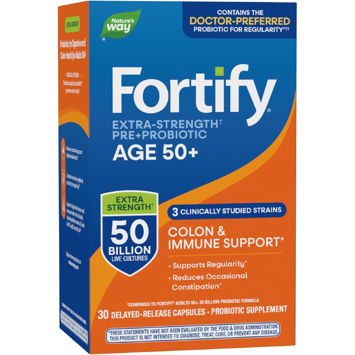Nature'S Way Fortify Extra Strength(1) Probiotic Adults 50+, 50 Billion Live Cultures, Prebiotics, Probiotics for Digestive Health*, Immune Support*, Colon Health*, 30 Capsules