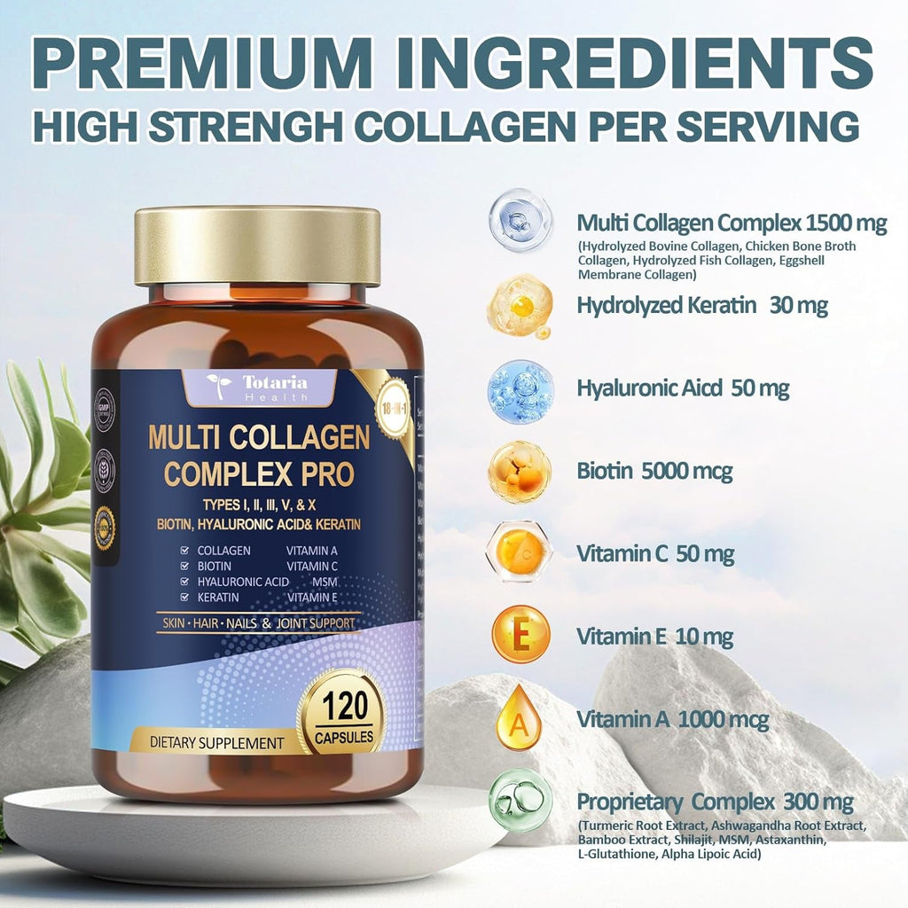 18-In-1 Collagen Pro with Hyaluronic Acid, Keratin, Biotin, VIT a C & E for Skin, Hair, Nails, Joint & Beauty - Multi Collagen Peptides Capsules with Type I II III V & X for Women & Men - 120 Caps