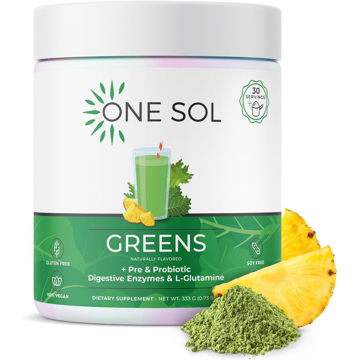 One Sol Greens, Super Greens Powder to Reduce Bloating & Improve Gut Health, Superfood Fresh Bloom Organic Greens Blend Juice & Smoothie Mix, Pre & Probiotic with Digestive Enzymes, Vegan & Soy Free