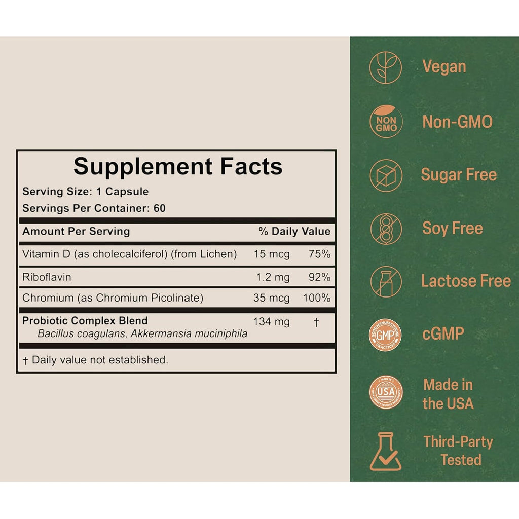 Akkermansia Probiotic for Appetite Suppressant & Craving Control | Increases GLP-1 for Weight Loss | 60 Day Supply | Made in USA | Bacillus Coagulans, B2, D3 & Chromium | SIBO Friendly, Vegan