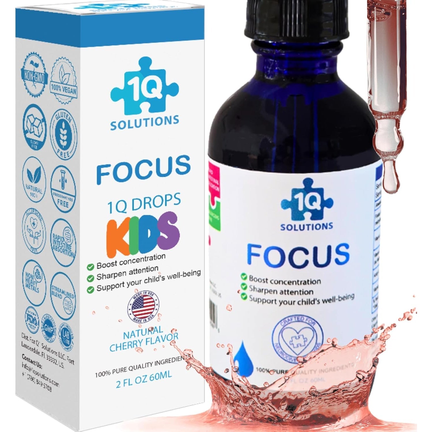 1Q Focus – Liquid Cognitive & Brain Support Natural Drops for Kids | Acetyl L-Carnitine + B1, B6, B12 & Folate | Sugar-Free, Vegan, Non-Gmo, Gluten-Free | Advanced Absorption | 2 Fl Oz 30 Servings