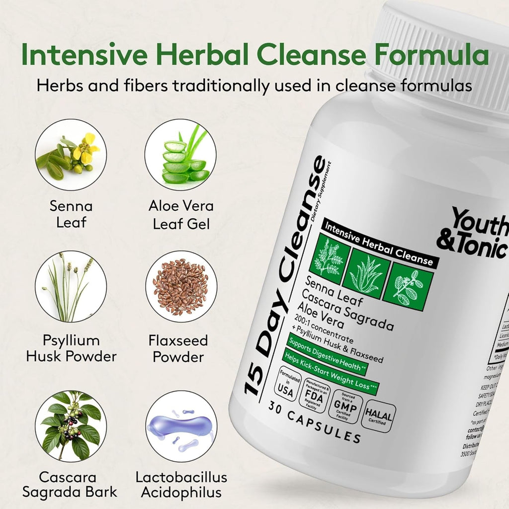 Youth & Tonic 15 Day Cleanse – Colon & Gut Cleanse Detox Reset for Plateaus, Belly Bloating & Regularity, Digestive Health – for Women & Men, 30 Pills