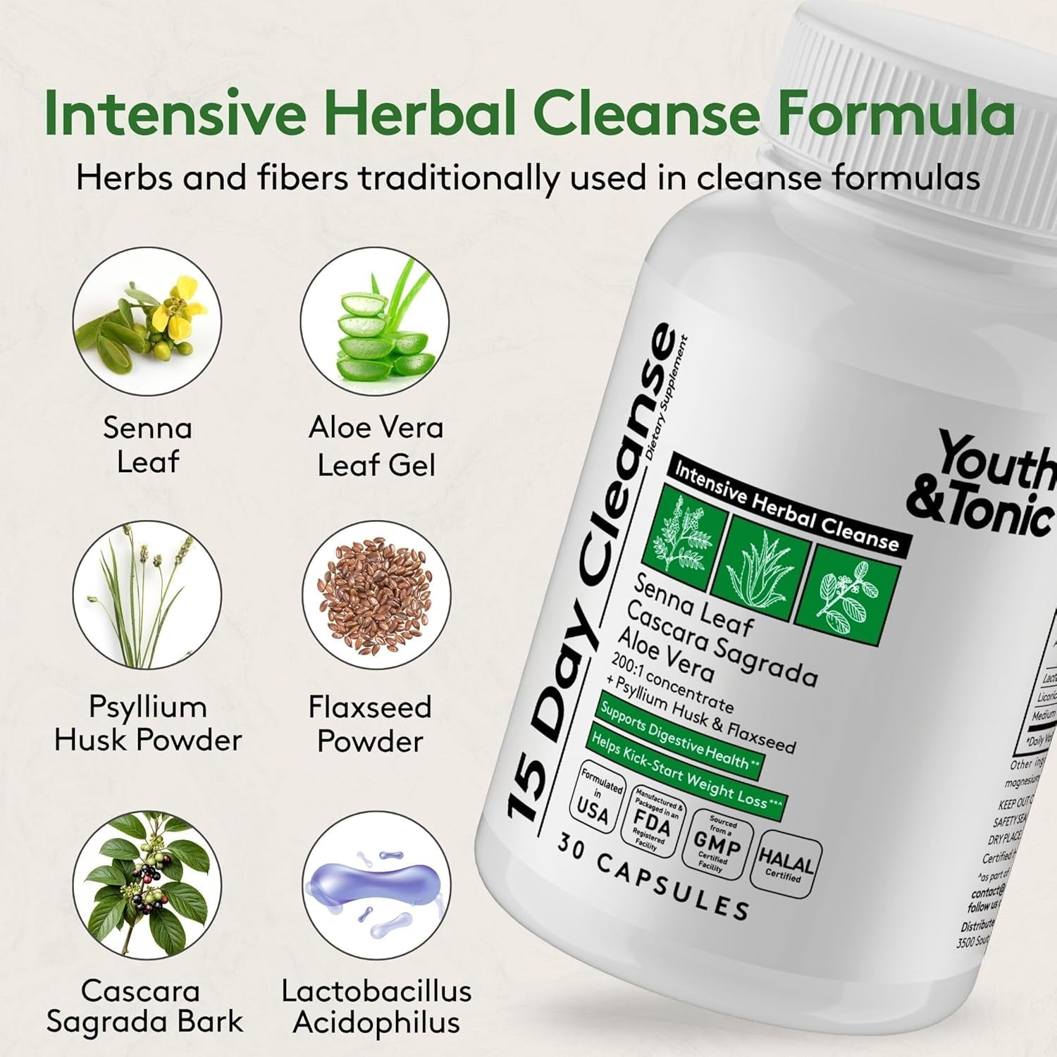 Youth & Tonic 15 Day Cleanse – Colon & Gut Cleanse Detox Reset for Plateaus, Belly Bloating & Regularity, Digestive Health – for Women & Men, 30 Pills