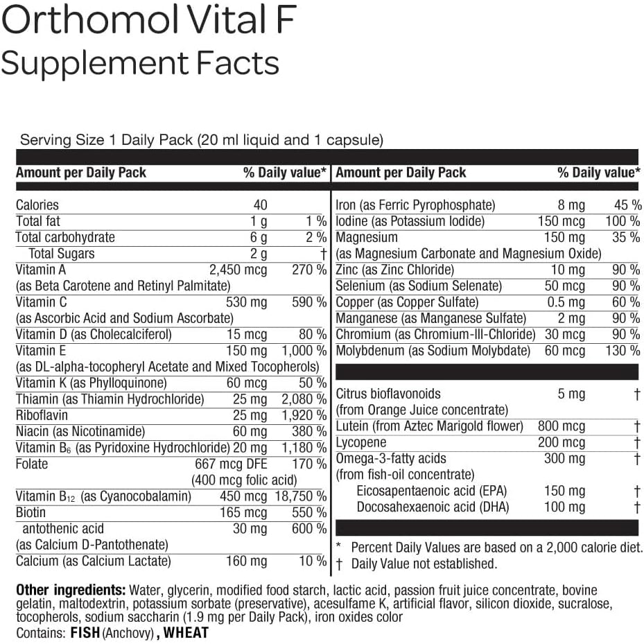 Orthomol Vital F – Daily Multivitamin for Women, Vitamins A, B, C, D, E, K, Folic Acid, Magnesium & Omega-3, Supports Energy, Vitality, & Immune Health, 30-Day Supply, Liquid + Capsule Supplement