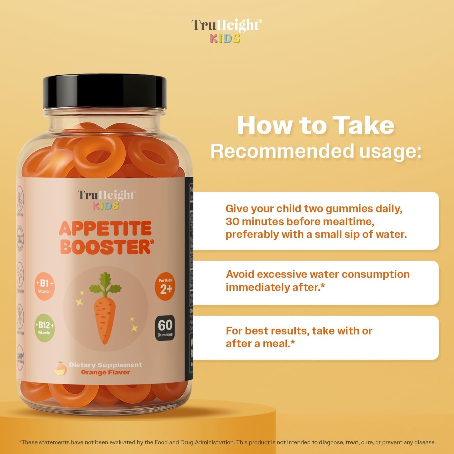 Truheight Kids Appetite Booster Gummies (Orange, Ages 2+) All Natural Toddler & Kids Appetite Stimulant to Eat More - Weight Gain Supplements - Vitamins for Underweight Children - Picky Eater Vitamin