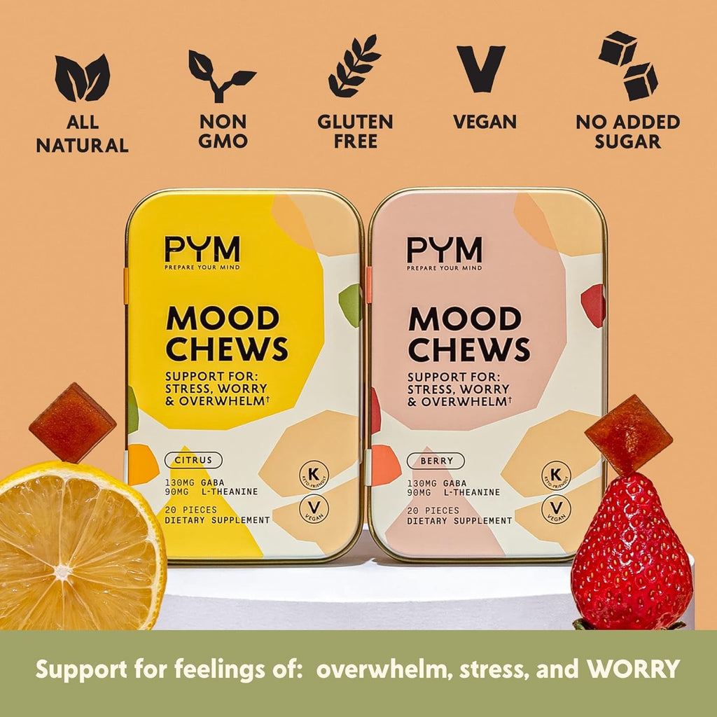 PYM Berry Mood Chews Support for Stress, Worry & Overwhelm, 20 Count | 130Mg GABA, 90Mg L-Theanine | Vegan, Non-Gmo, Gluten-Free, No Added Sugar | All-Natural Mood Support Supplement Made in USA