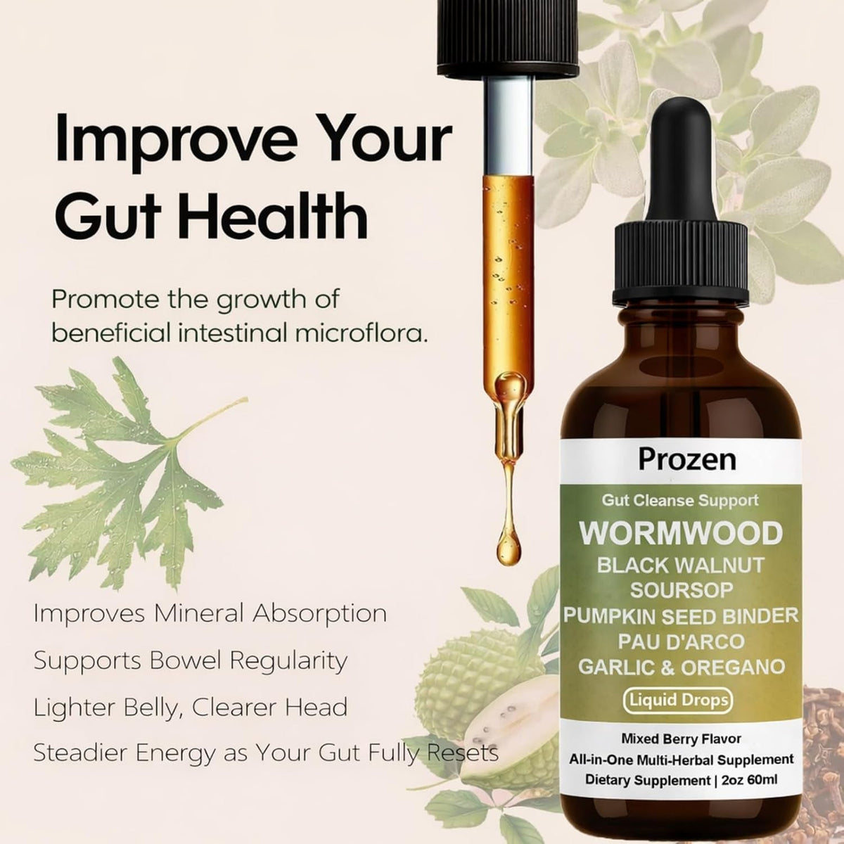 Prozen Wormwood Gut Cleanse Liquid Drops, Wormwood Black Walnut Clove Gut Cleanser for Adults with Soursop, Pumpkin Seed, PAU D'Arco, Garlic Oregano, Boosts Energy, Gut Health & Absorption, 2Oz (1)