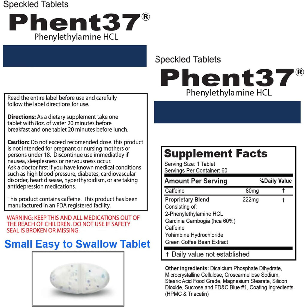 Phent37 (1 Bottle - 60 Speckled Tablets) - Advanced Phenylethylamine HCL Dietary Nutraceutical, Premium Small White and Blue Tablets, Boost Metabolism, Weight Management for Men and Women