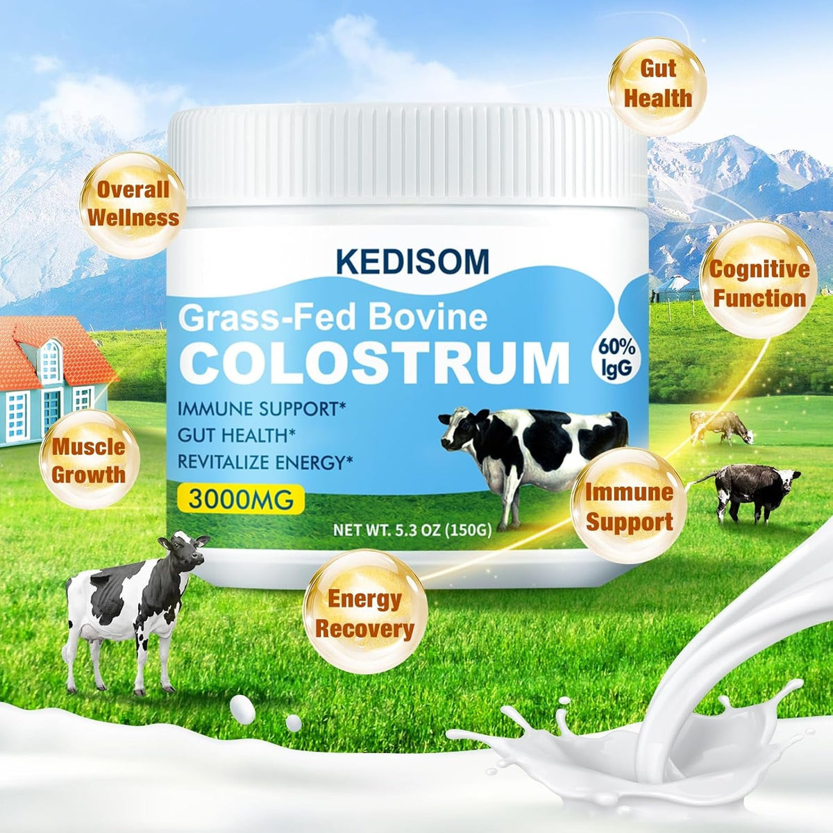 Grass-Fed Bovine Colostrum Supplement Powder - 60% High Igg 3000 Mg for Gut Health, Immune Support - Easy to Mix Natural Liposomal Colostrum Superfood, Unflavored, 50 Servings
