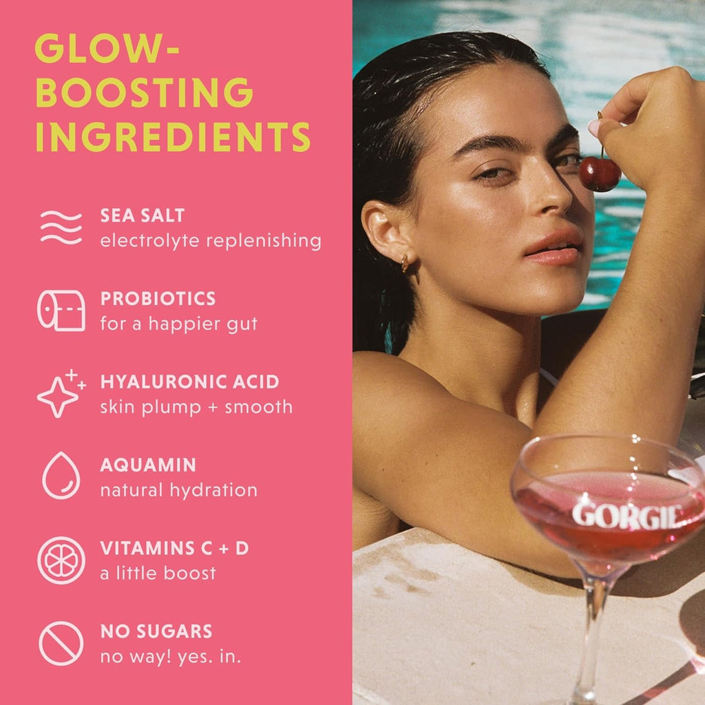 GORGIE Glow Hydration Packets, Sugar-Free Electrolyte Powder Sticks, Hyaluronic Acid, Probiotics, Aquamin, Vitamins C, D Daily Hydration, Skin and Gut Support, Caffeine Free - Variety Pack 15 Sticks