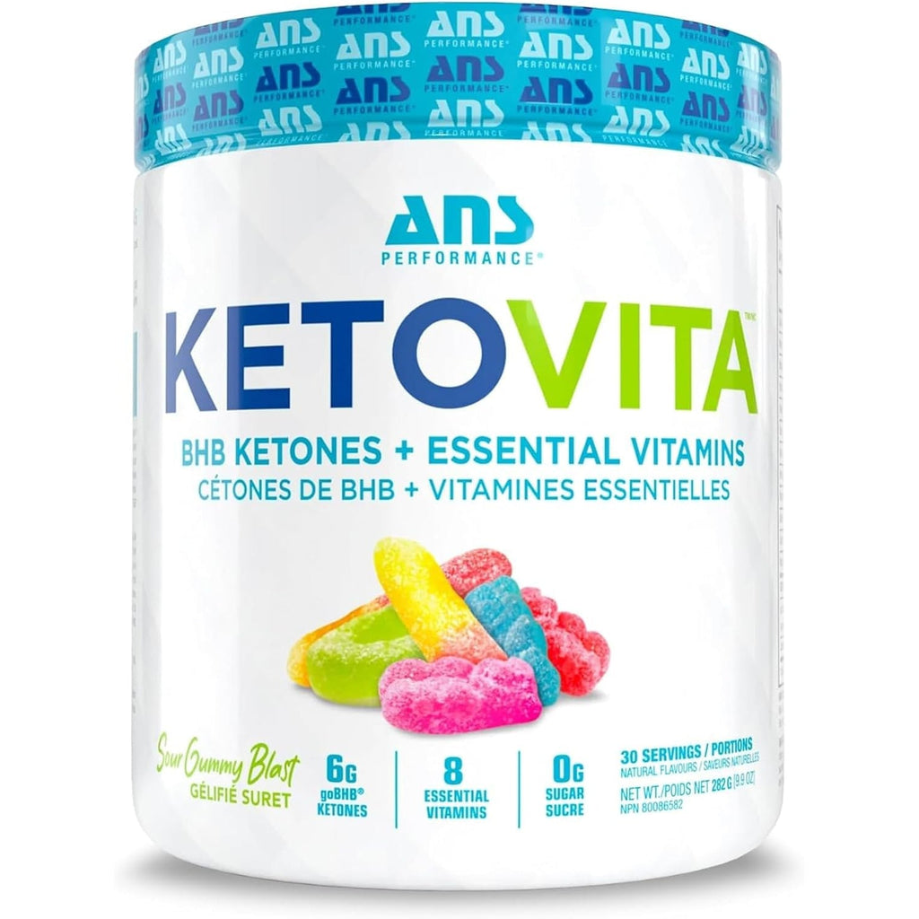 ANS Performance Ketovita Supplement Beta-Hydroxybutyrate Ketones Drink Powder with Zero Sugar and 30 Servings, Boosts Metabolism, Sour Gummy
