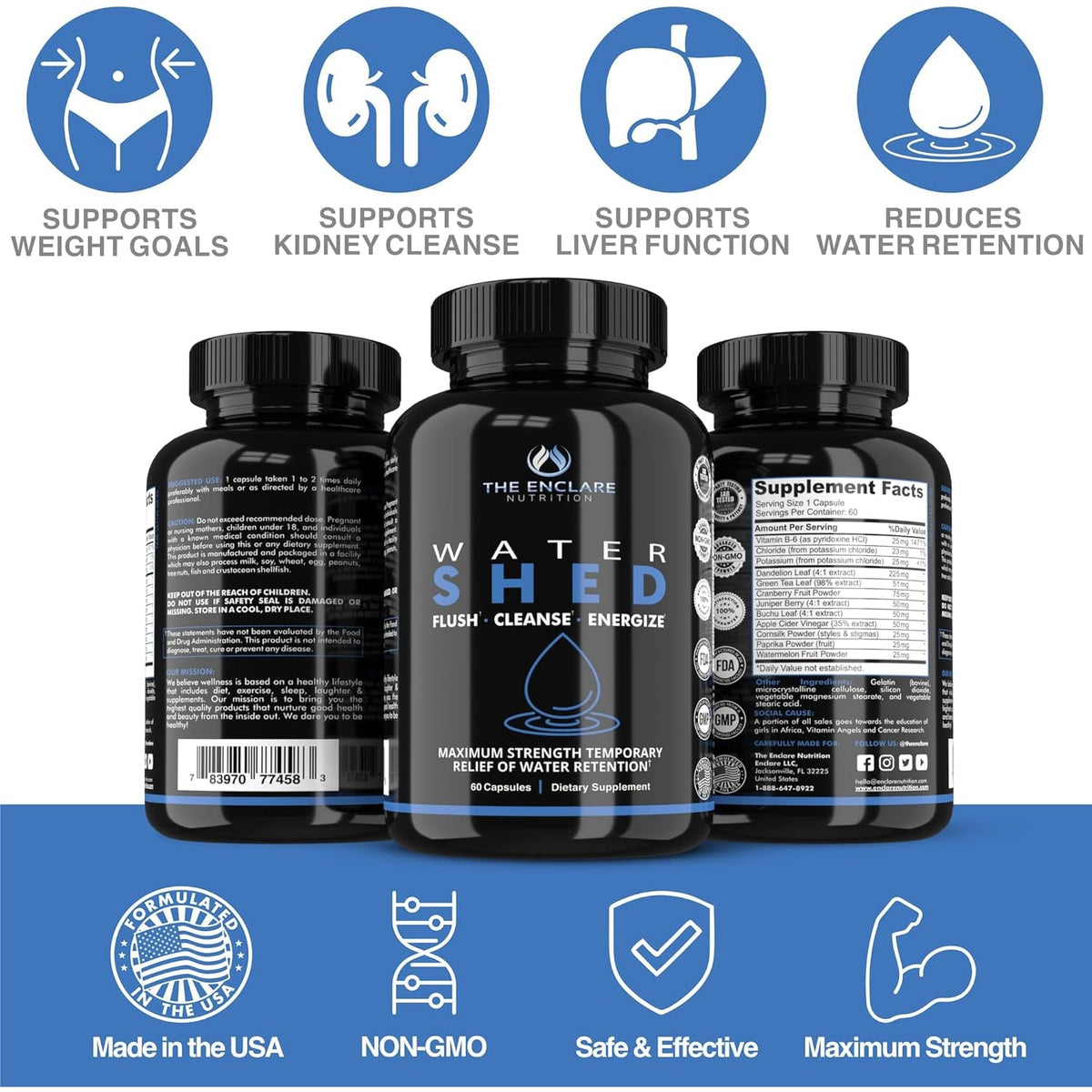 Water Pills Diuretic Water Retention - Liver Detox, Kidney Cleanse, Weight, Swelling Legs & Feet, Edema, Bloating Relief, Fluid Balance - Dandelion Vitamin B6 Green Tea Watershed Max Strength 60Ct (1)