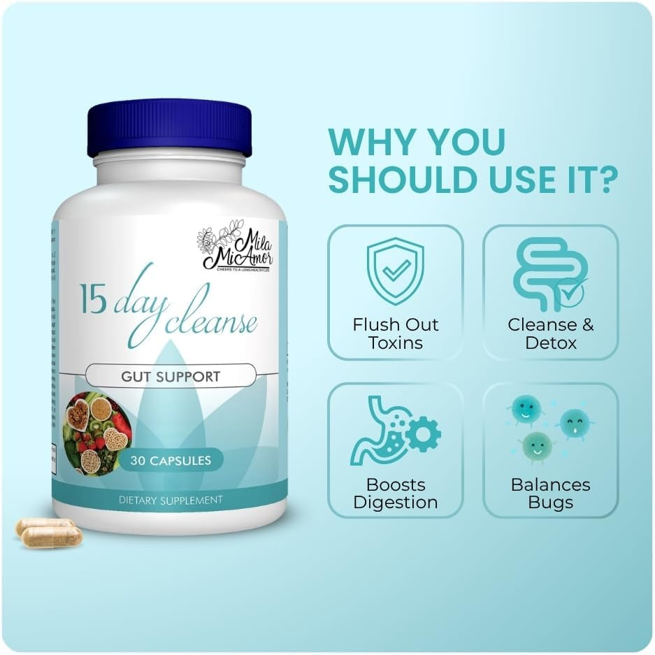 Mila Miamor 15 Day Cleanse - Gut and Colon Support - Advanced Gut Cleanse Detox for Women & Men with Senna, Cascara Sagrada & Psyllium Husk - Non-Gmo - Made in USA - 30 Capsules