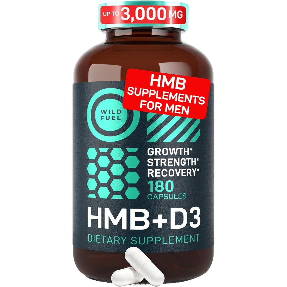 WILD FUEL 3,000Mg HMB Supplement plus Vitamin D3 - Muscle Growth, Strength, Fast Workout Recovery HMB Supplements for Men and Women - Calcium Beta-Hydroxy Beta-Methylbutyrate - 180 Capsules