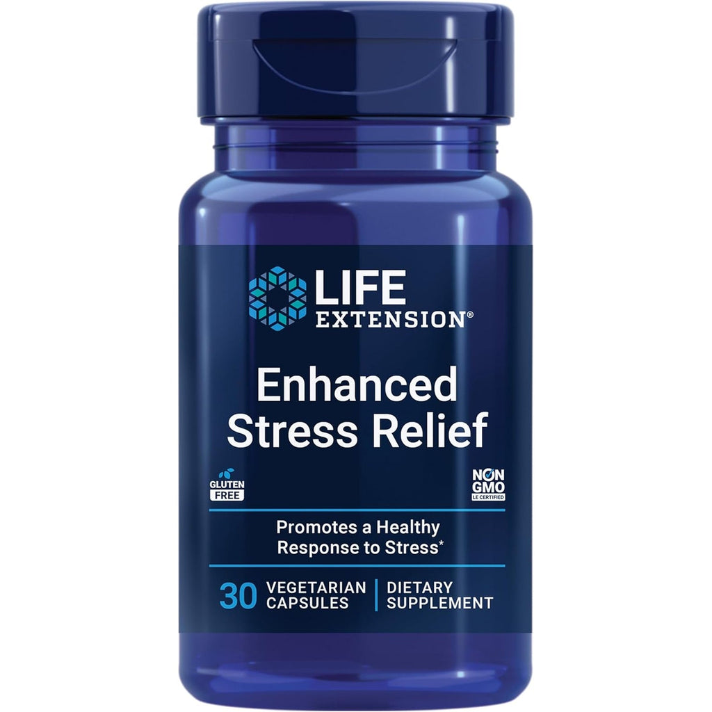 Life Extension Enhanced Stress Relief, Lemon Balm Extract, L-Theanine, Decompress with This Supplement for Stress, Gluten-Free, Non-Gmo, Vegetarian, 30 Capsules
