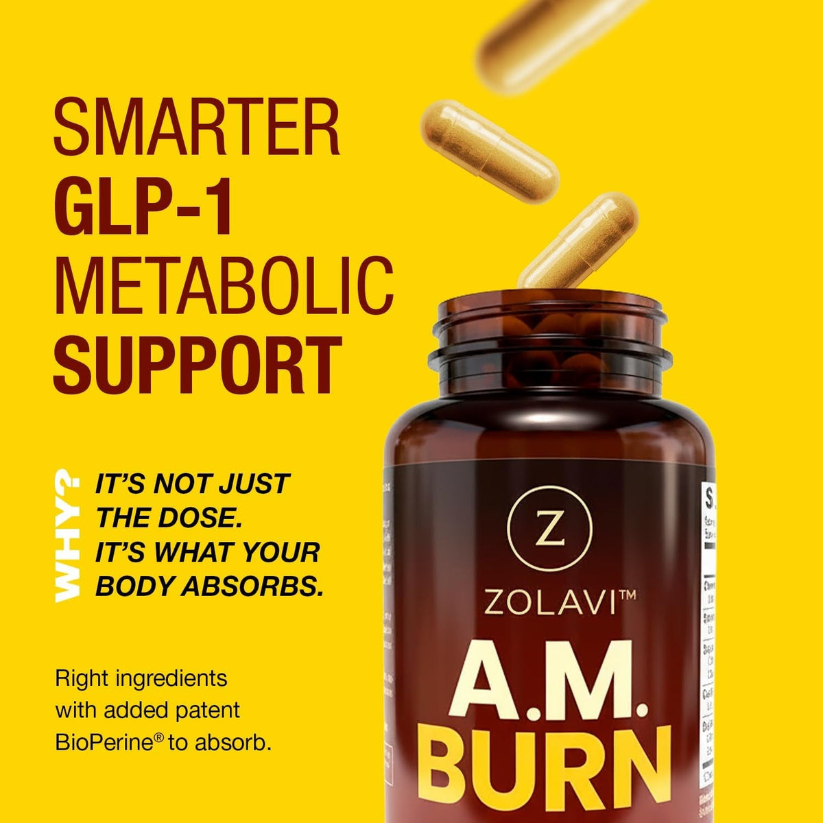 A.M. Burn GLP-1 Supplement Weight Loss Support | Berberine HCL + Chromium Picolinate + Green Tea + Bioperine | Developed by Weight Management Experts | USA Made, GMP Certified, 60 Caps