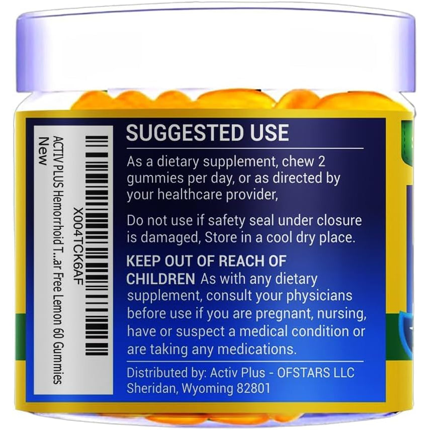 Hemorrhoid Treatment to Reduce Re-Occurrences & Easier Regularity with Stool Softener | 7 Clinically Studied Hemorrhoid Ingredients | Plant-Based Sugar Free Lemon 60 Vegan Gummies