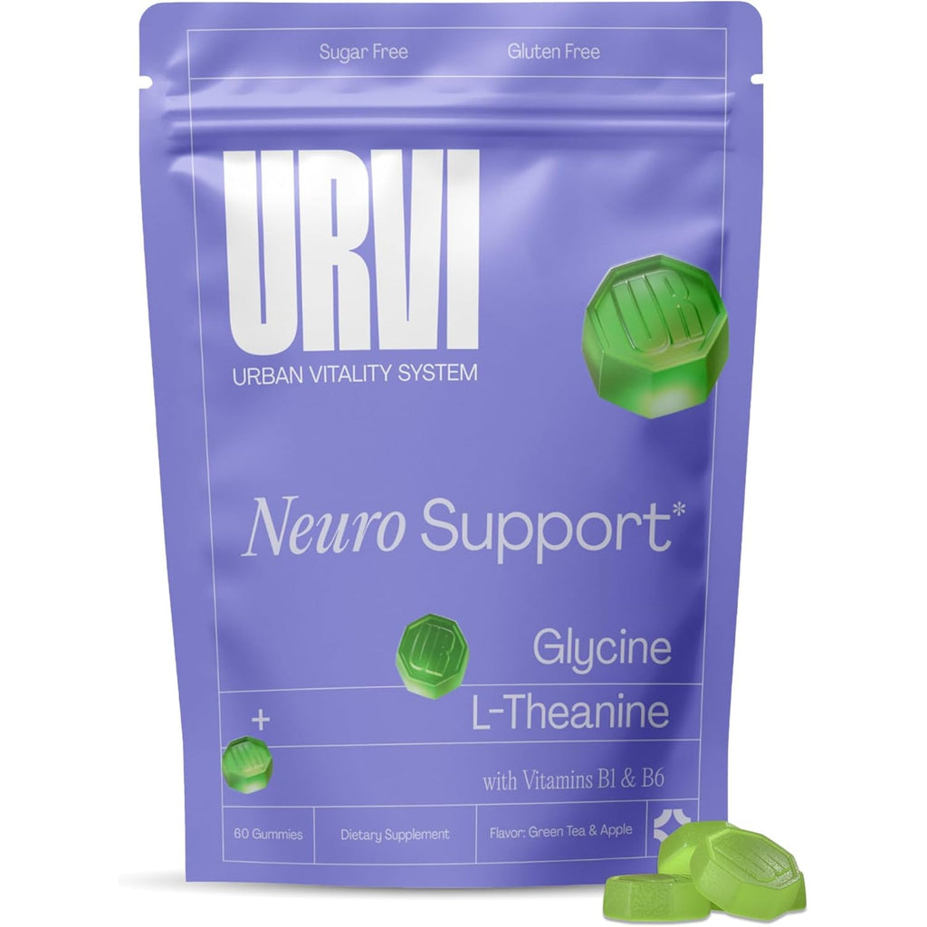 URVI® Neuro Gummies – 500Mg Glycine, 150Mg L-Theanine (High Potency), Vitamins B1 & B6 for Rest & Sleep, Relaxation, Calm Focus, Stress Relief – Caffeine- & Sugar-Free– Green Tea & Apple – 60 Count