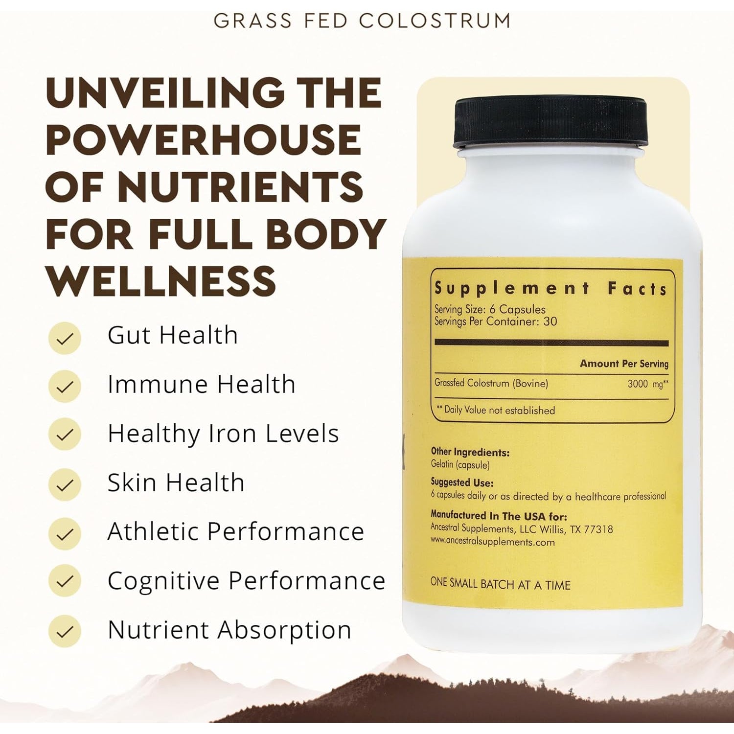 Ancestral Supplements Grass Fed Beef Colostrum Supplement, 3000 Mg, Offers Immune Support and Promotes Gut Health, Athletic Performance, Healthy Iron Levels, Growth and Repair, Non GMO, 180 Capsules