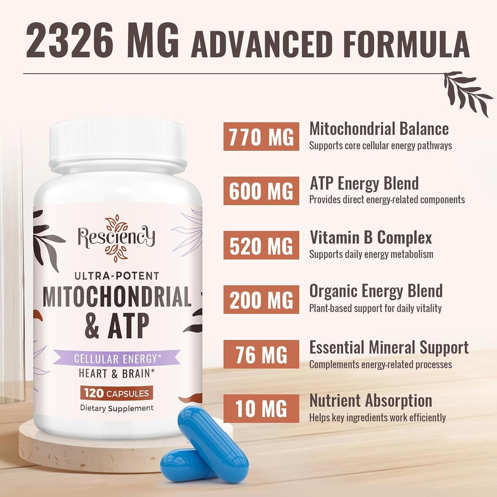 Resciency 2326 MG Mitochondrial Supplements with ATP, Vitamins, Coq10 & PQQ, More Effective than Creatine HMB & Nitric Oxide, Energy, Endurance, Strength, Recovery & Muscle, Organic, 120 Capsules