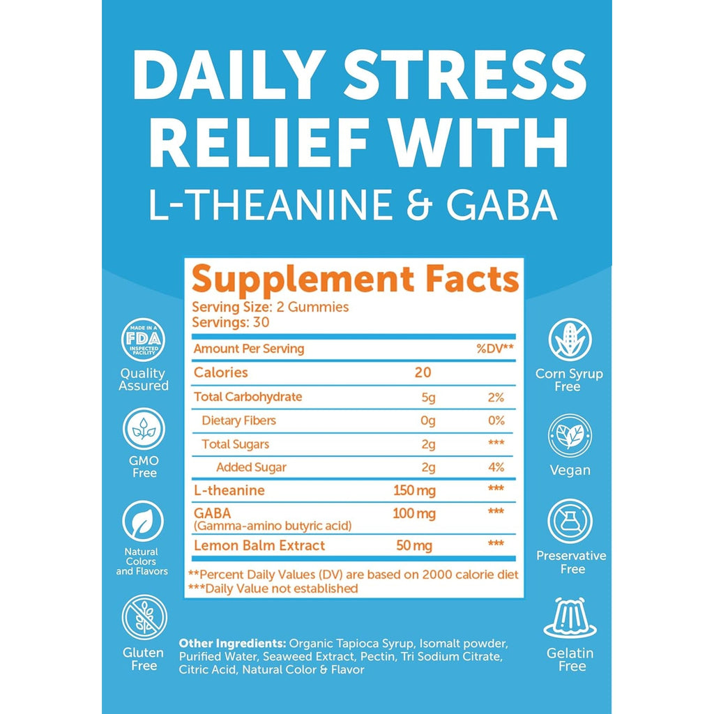 Lunakai USA Made Calm & Stress Relief Gummies – Delicious GABA + L-Theanine Calming Supplement for Adults & Kids – Natural Stress Support, 60Ct