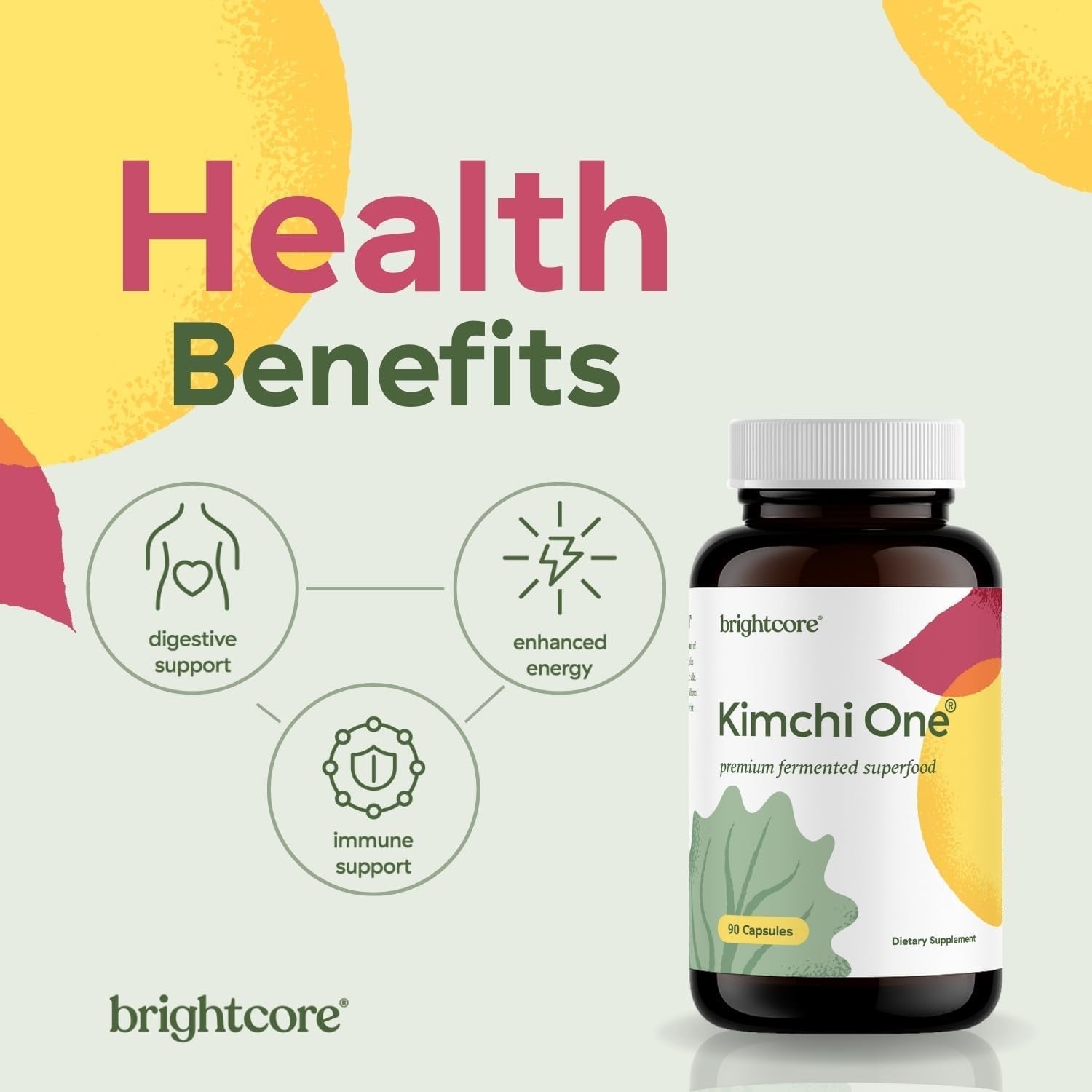Brightcore Nutrition - Kimchi One, Kimchi Powder Capsules, Probiotics, Enzymes, & Antioxidant Supplement, Premium Gut Health Superfood for Overall Well Being, Gluten-Free, 90 Vegan Capsules