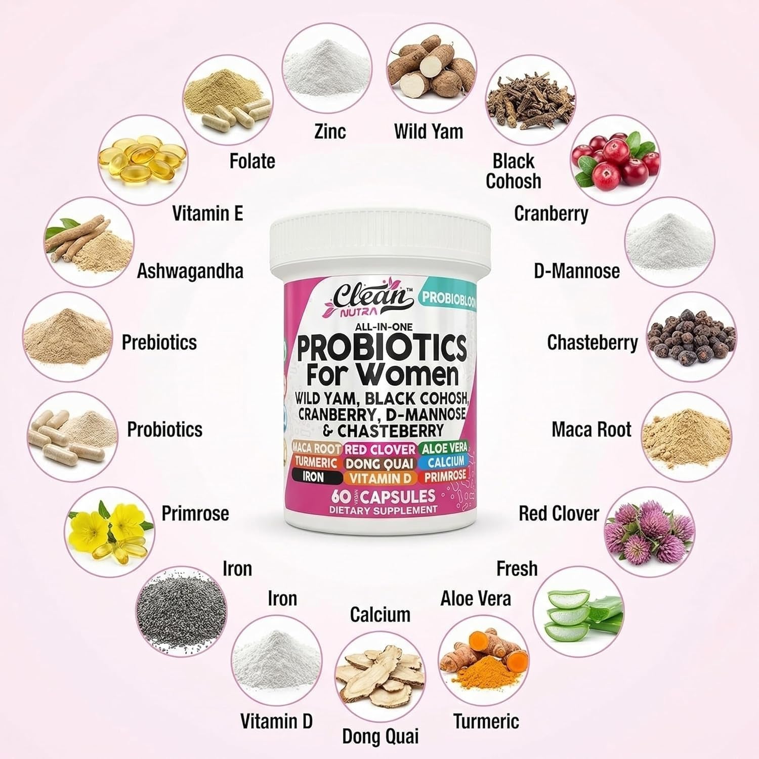 Clean Nutraceuticals Probiotics for Women with D Mannose, Cranberry Extract, Wild Yam, Chasteberry - 20 Probiotic and Prebiotic Strains - PH Balance, Womens Probiotic for Digestive Health - 60 Count