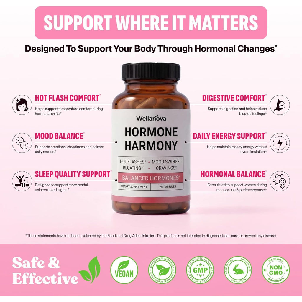 Hormone Harmony for Women – Natural Hormonal Balance Support for Menopause & Perimenopause – Hot Flashes, Mood Swings, Cravings, Bloating Relief – 60 Capsules
