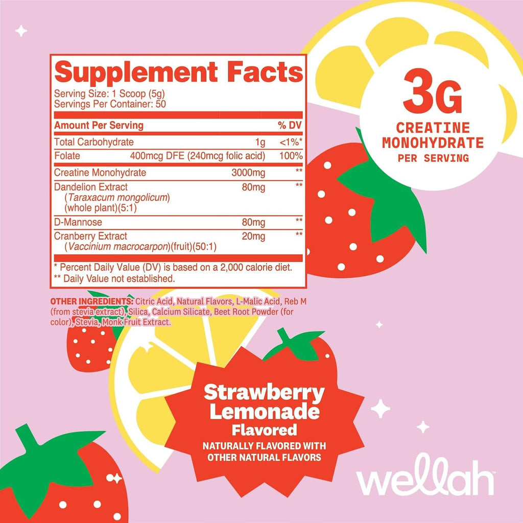 Wellah Creatine for Women - Creatine Monohydrate with Dandelion & Cranberry Extract (50 Servings, Strawberry Lemonade)