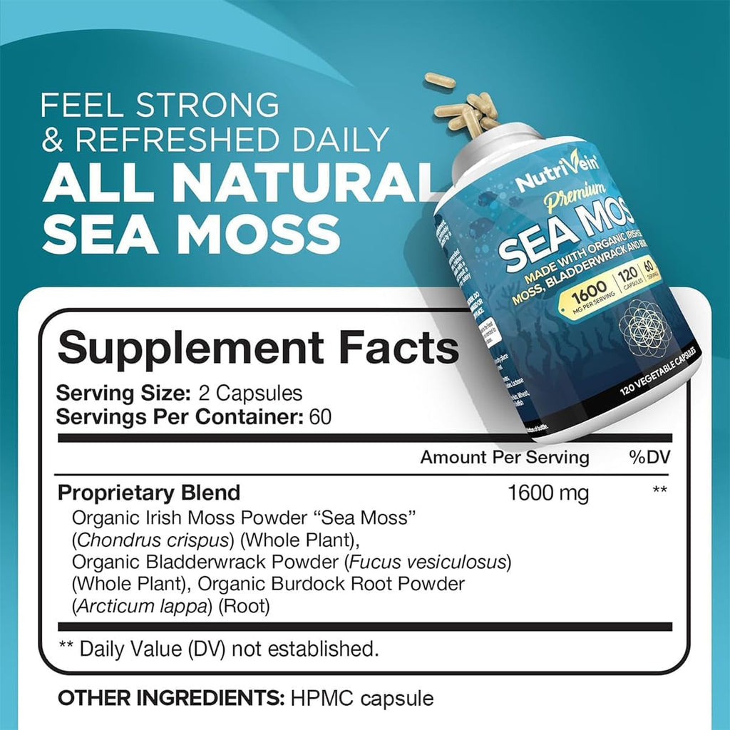 Nutrivein Organic Sea Moss 1600Mg plus Bladderwrack & Burdock - 120 Caps for Adults - Prebiotic Super-Food - Immune System & Digestive Health - Thyroid, Skin, Keto Detox, Gut, Joint Support