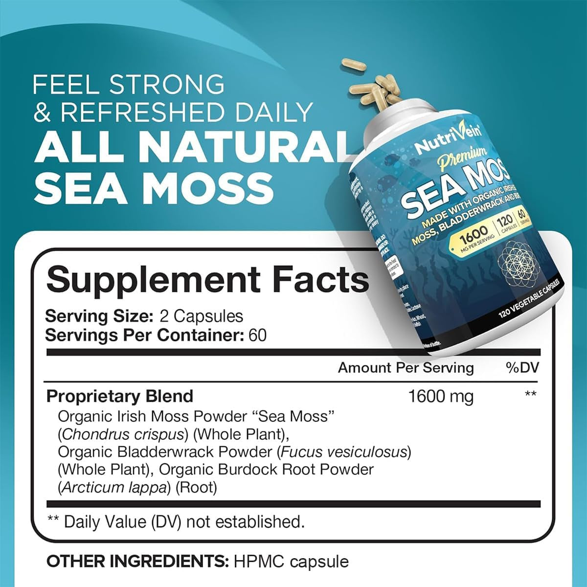 Nutrivein Organic Sea Moss 1600Mg plus Bladderwrack & Burdock - 120 Caps for Adults - Prebiotic Super-Food - Immune System & Digestive Health - Thyroid, Skin, Keto Detox, Gut, Joint Support