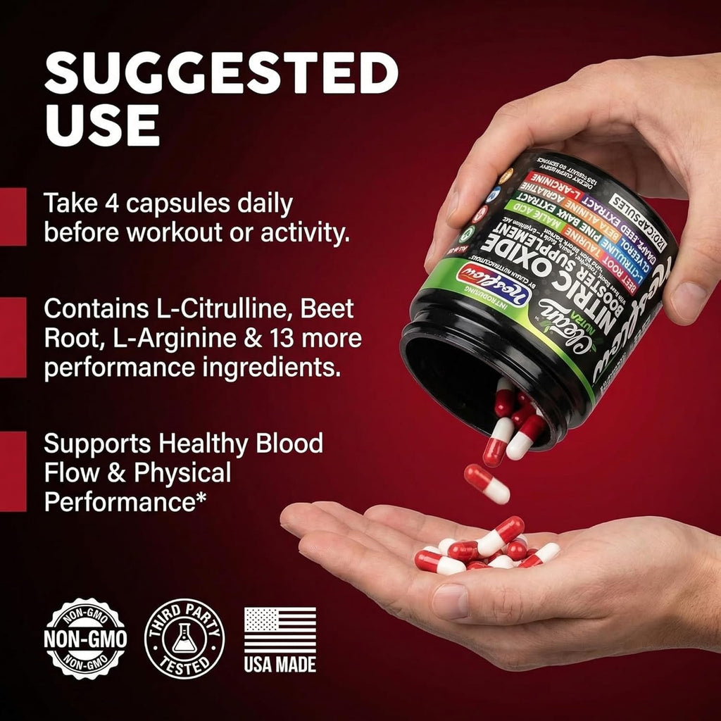 Nosflow Nitric Oxide Supplements for Men | Beet Root Taurine L-Arginine Malic Acid L-Arginine L-Citrulline Pine Bark Glycerol Agmatine Grape Seed Vitamin C B12 B3 by Clean Nutra