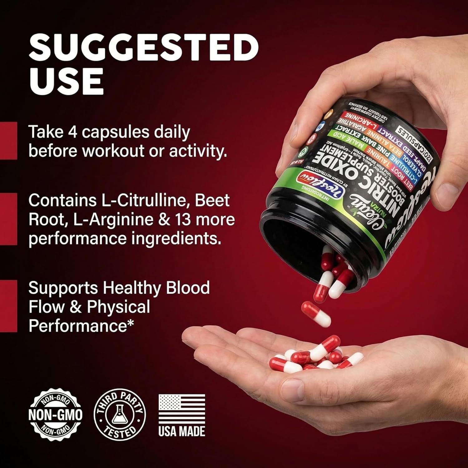 Nosflow Nitric Oxide Supplements for Men | Beet Root Taurine L-Arginine Malic Acid L-Arginine L-Citrulline Pine Bark Glycerol Agmatine Grape Seed Vitamin C B12 B3 by Clean Nutra